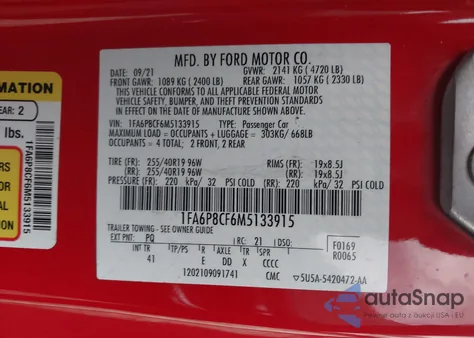 2021 Ford Mustang Gt Premium Fastback z USA, uszkodzony, nr VIN 1FA6P8CF6M5133915